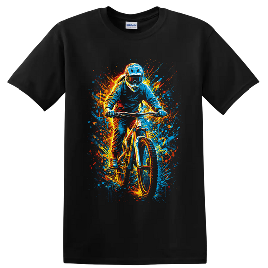 Helmeted motocross rider on dirt bike in vivid graffiti-style paint splashes on a Black T Shirt