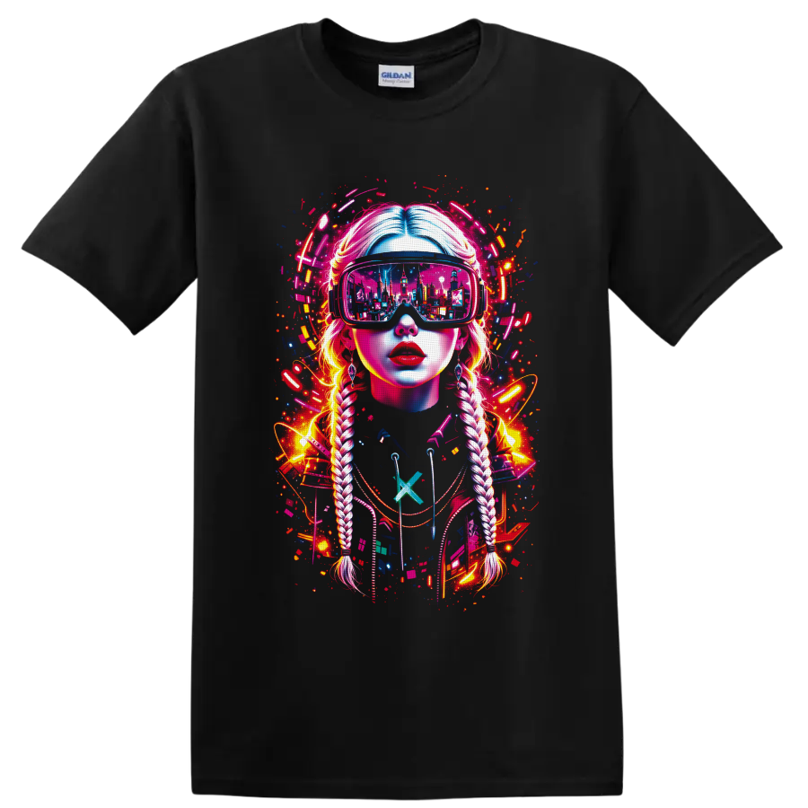 Cyberpunk braided woman in VR goggles with neon city reflection and digital splatter on a Black T Shirt