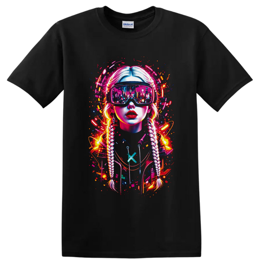 Cyberpunk braided woman in VR goggles with neon city reflection and digital splatter on a Black T Shirt