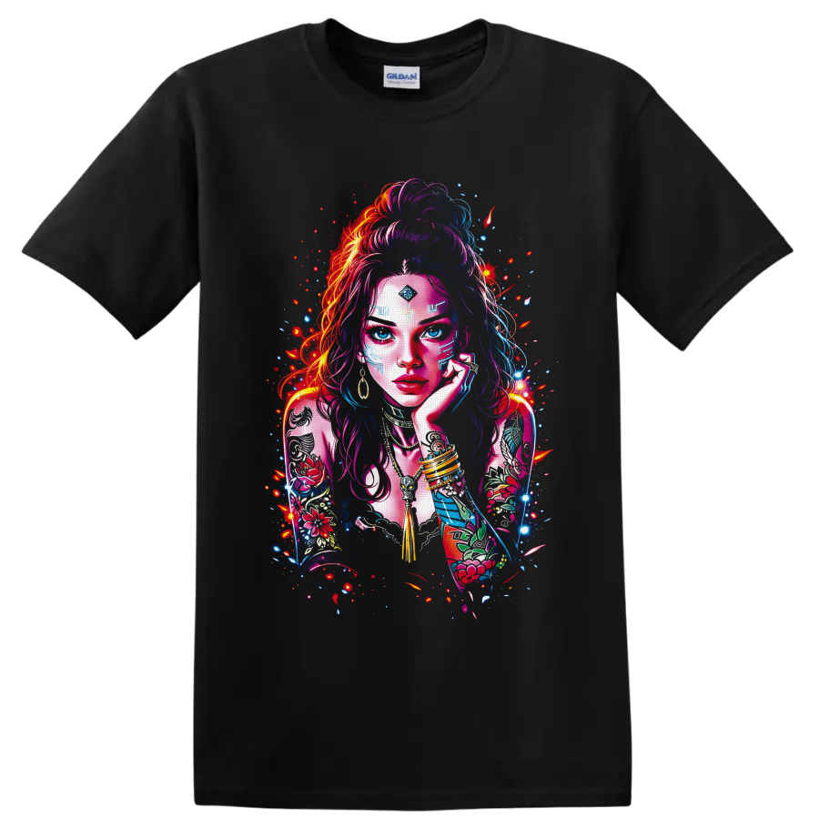 Neon futuristic portrait of a tattooed woman with blue eyes, jewelry, and floral arm art on a Black T Shirt