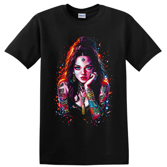 Neon futuristic portrait of a tattooed woman with blue eyes, jewelry, and floral arm art on a Black T Shirt