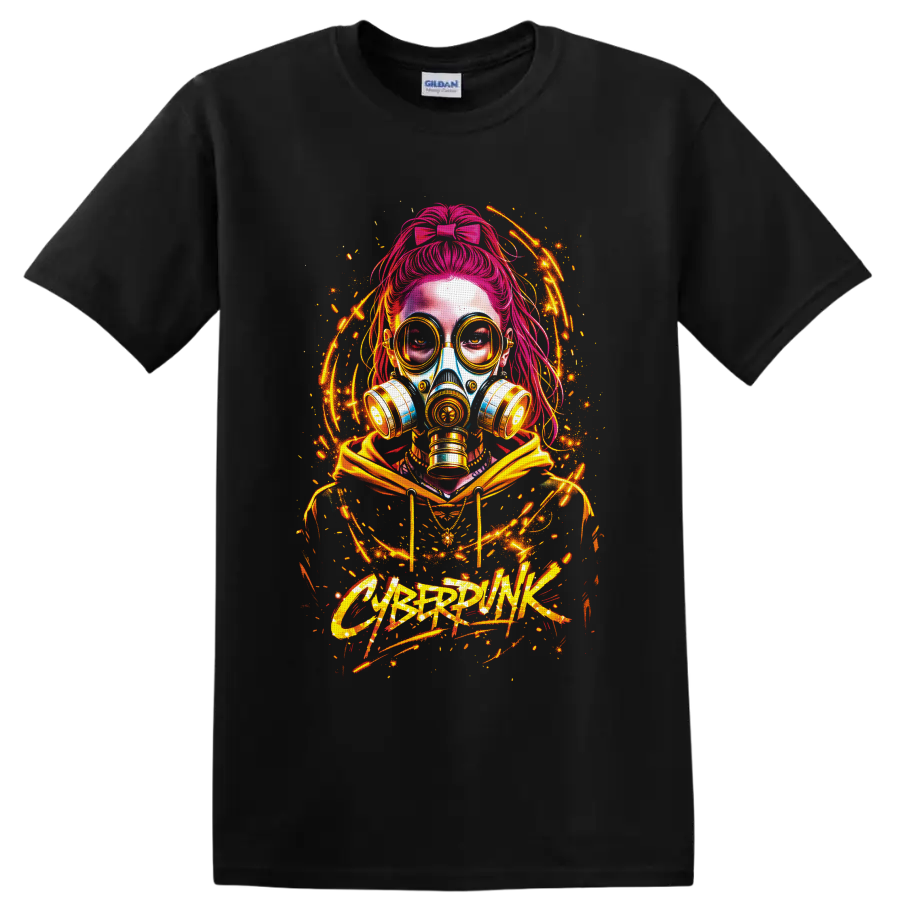 Cyberpink pink-haired woman in gas mask with neon orange graffiti energy arcs on a Black T Shirt