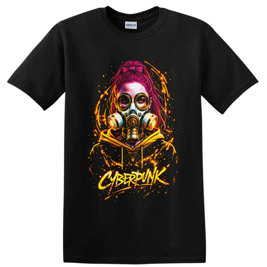 Cyberpink pink-haired woman in gas mask with neon orange graffiti energy arcs on a Black T Shirt