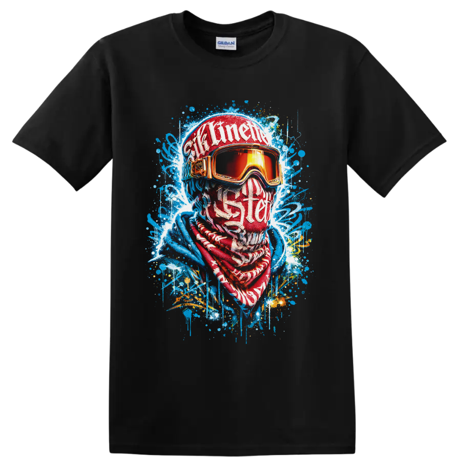 Graffiti-style winter sports portrait with ski goggles, helmet, scarf, and paint splatters on a Black T Shirt