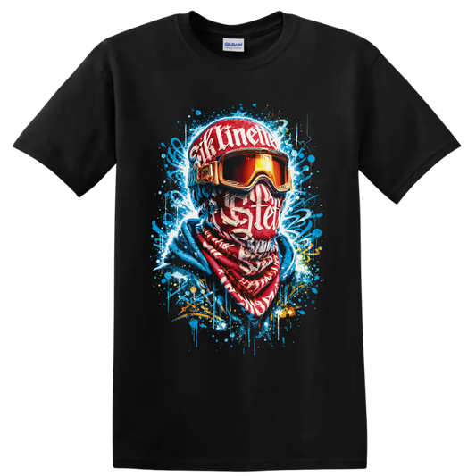 Graffiti-style winter sports portrait with ski goggles, helmet, scarf, and paint splatters on a Black T Shirt
