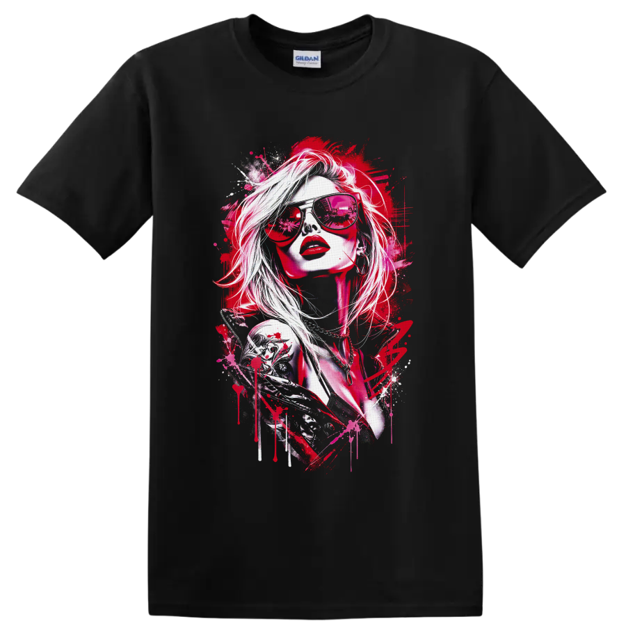 Red fashion portrait in reflective sunglasses with paint splatter street art on a Black T Shirt