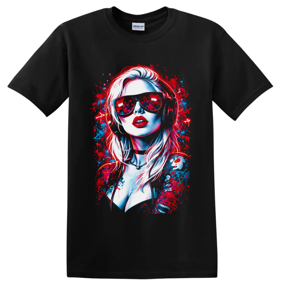 Neon woman portrait with sunglasses, headphones, and red-blue graffiti splatters on a Black T Shirt