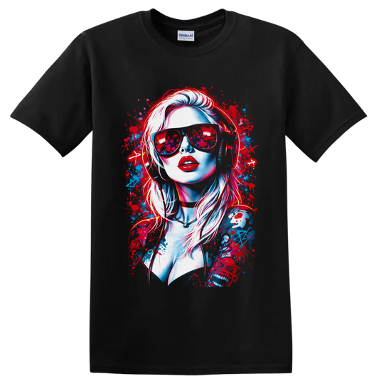 Neon woman portrait with sunglasses, headphones, and red-blue graffiti splatters on a Black T Shirt