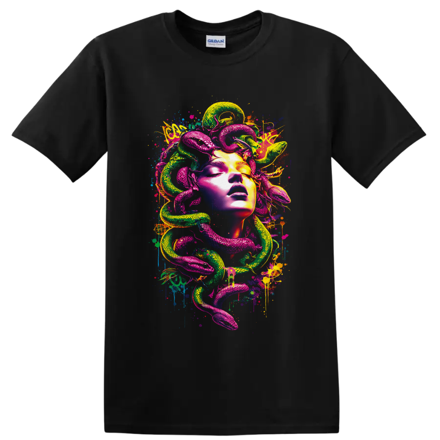 Neon Medusa-inspired portrait with coiling pink and green snakes in graffiti art on a Black T Shirt