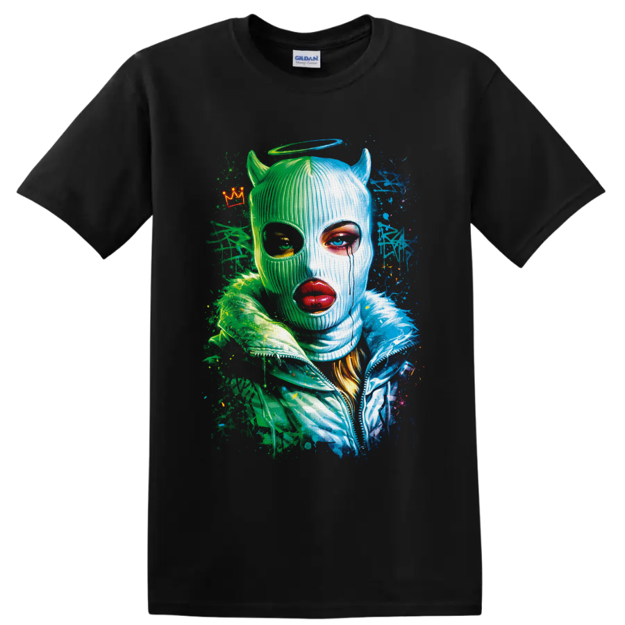 Neon green and blue horned masked portrait with halo, crown, and splatter art on a Black T Shirt