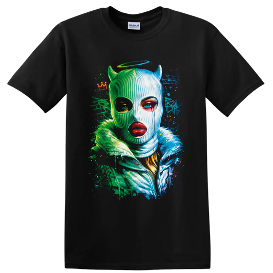 Neon green and blue horned masked portrait with halo, crown, and splatter art on a Black T Shirt