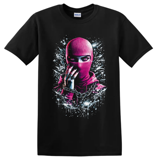 Neon pink masked woman with chains and rings in cyberpunk graffiti portrait art on a Black T Shirt