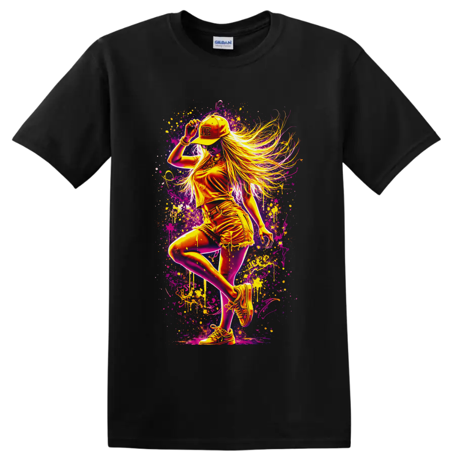 Neon dance girl in cap and sneakers with flowing hair and graffiti paint splatters on a Black T Shirt