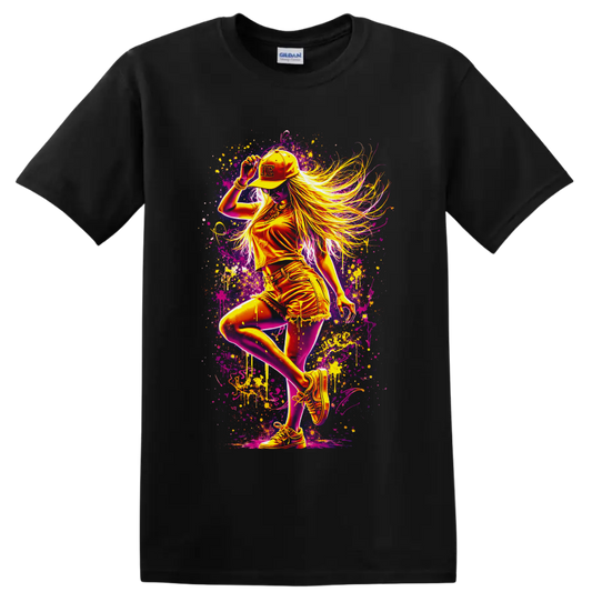 Neon dance girl in cap and sneakers with flowing hair and graffiti paint splatters on a Black T Shirt