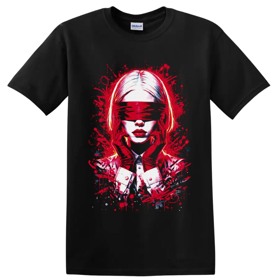 Blindfolded woman abstract portrait with red paint splatters and red gloves on a Black T Shirt