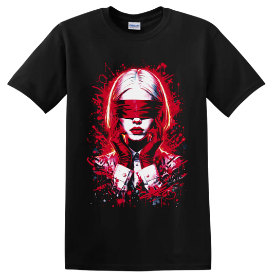 Blindfolded woman abstract portrait with red paint splatters and red gloves on a Black T Shirt