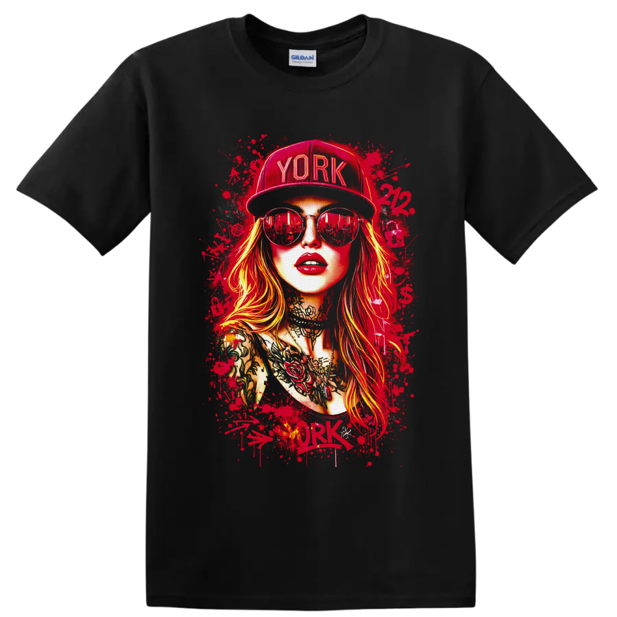 Tattooed woman portrait in YORK cap and sunglasses with red paint-splatter street art on a Black T Shirt
