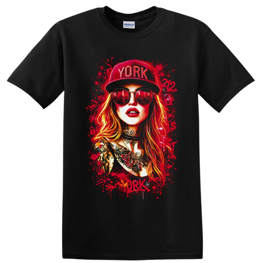 Tattooed woman portrait in YORK cap and sunglasses with red paint-splatter street art on a Black T Shirt