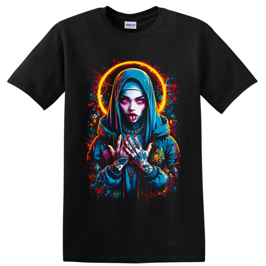 Neon tattooed gothic woman in a blue hood with a glowing halo and graffiti splashes on a Black T Shirt