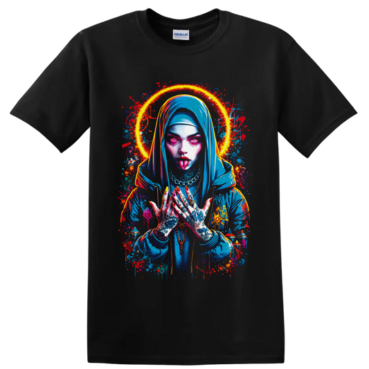 Neon tattooed gothic woman in a blue hood with a glowing halo and graffiti splashes on a Black T Shirt