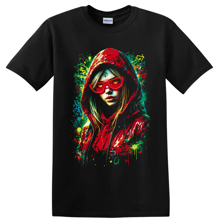 Hooded woman in red sunglasses with colorful graffiti paint splatter portrait on a Black T Shirt