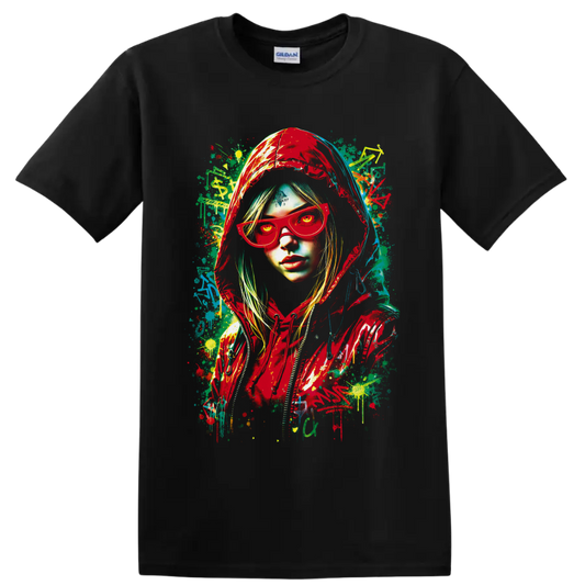 Hooded woman in red sunglasses with colorful graffiti paint splatter portrait on a Black T Shirt