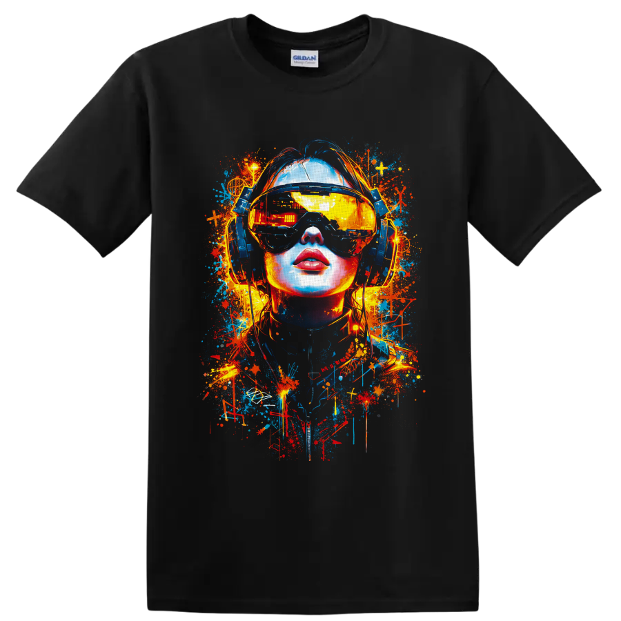 Cyberpunk woman in reflective VR visor and headphones with neon graffiti splashes on a Black T Shirt
