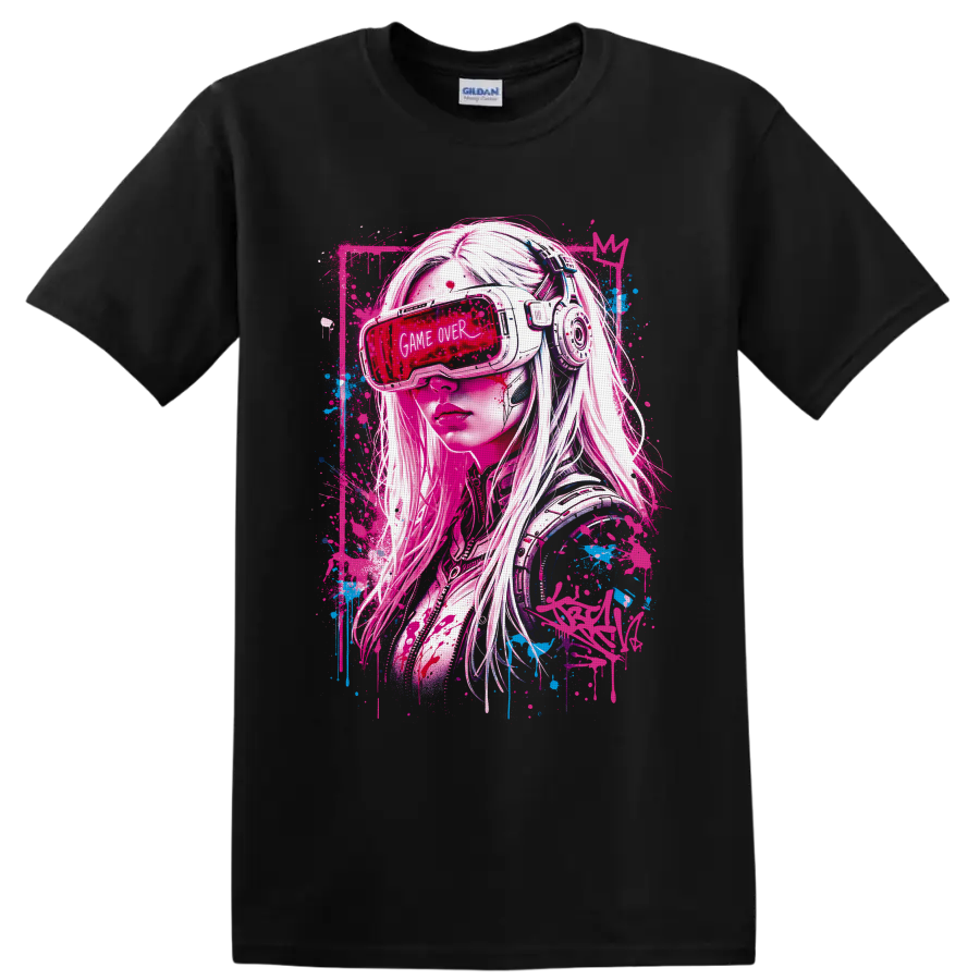 Cyberpunk gamer girl in VR headset with Game Over visor and neon graffiti splatters on a Black T Shirt