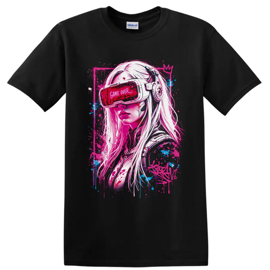 Cyberpunk gamer girl in VR headset with Game Over visor and neon graffiti splatters on a Black T Shirt