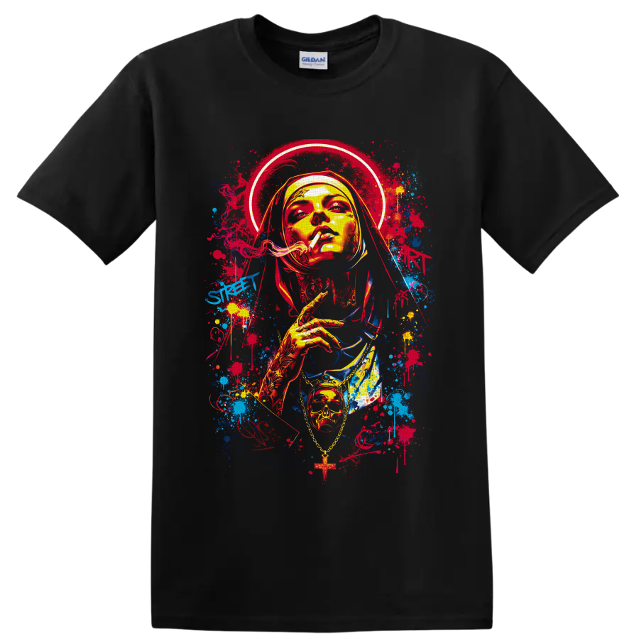 Gothic smoking nun portrait with halo, skull pendant, cross, and graffiti splatters on a Black T Shirt