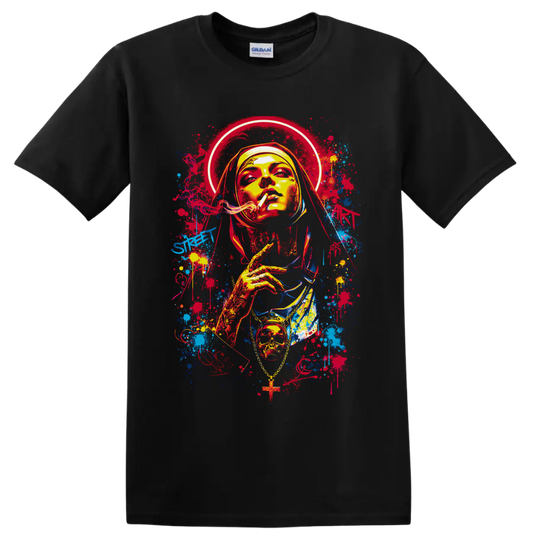 Gothic smoking nun portrait with halo, skull pendant, cross, and graffiti splatters on a Black T Shirt