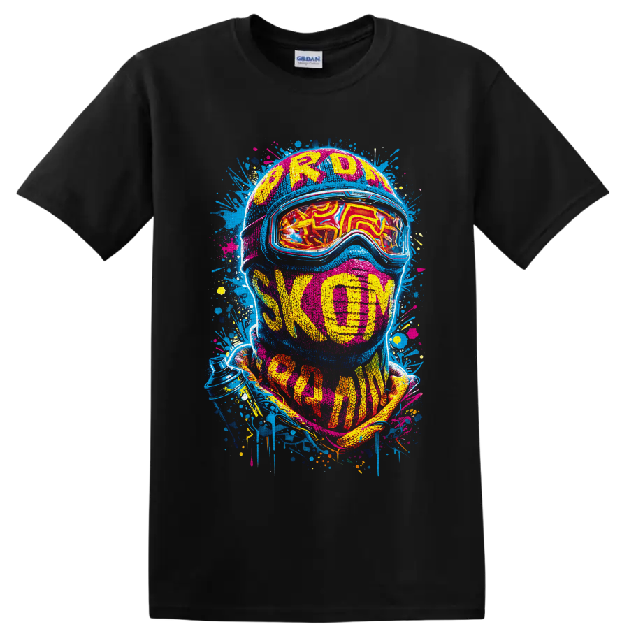 Neon graffiti helmeted skier portrait with reflective goggles and Freedom text on a Black T Shirt
