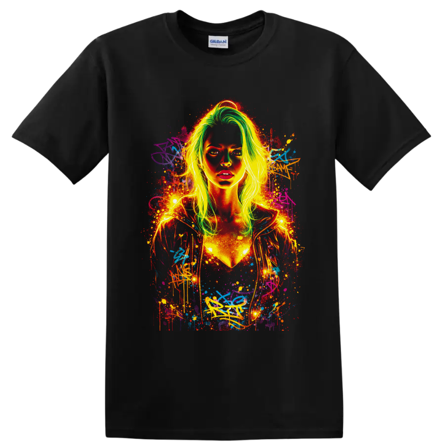 Neon graffiti woman portrait with lime-green hair, paint splatters, and urban street art on a Black T Shirt
