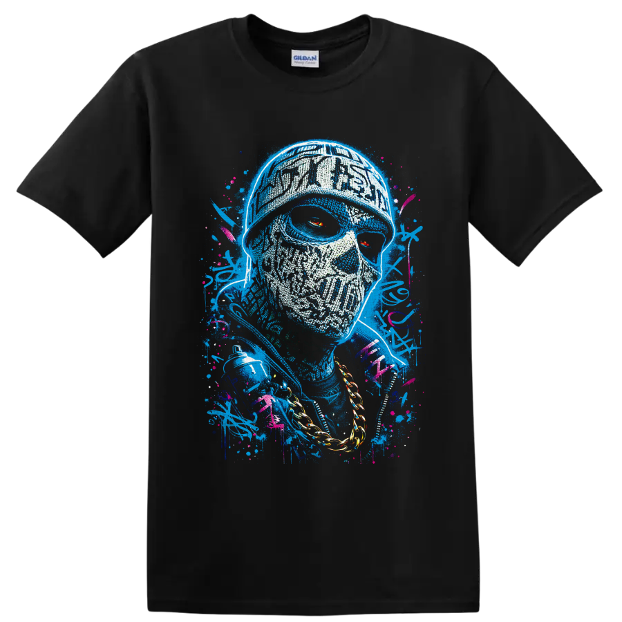 Graffiti-style skull portrait with red eyes, gold chain, spray can, and paint splatters on a Black T Shirt