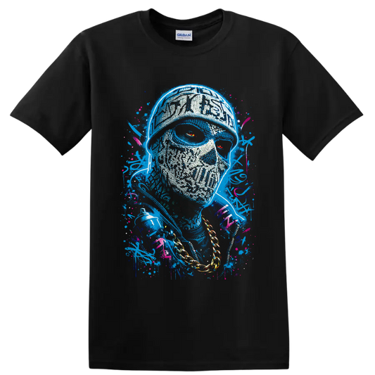 Graffiti-style skull portrait with red eyes, gold chain, spray can, and paint splatters on a Black T Shirt