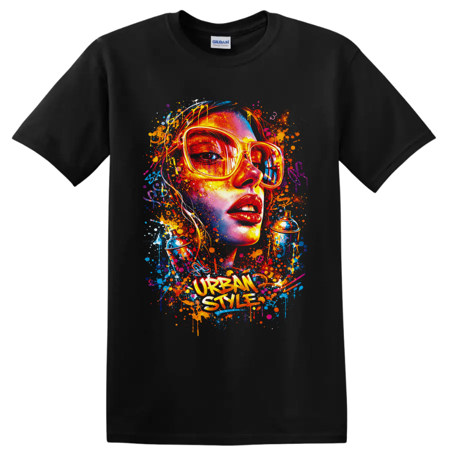 Graffiti-style woman portrait in sunglasses with spray cans and Urban Style text on a Black T Shirt