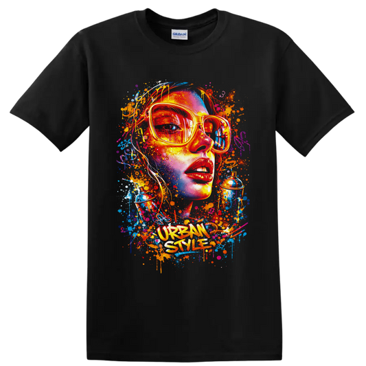 Graffiti-style woman portrait in sunglasses with spray cans and Urban Style text on a Black T Shirt