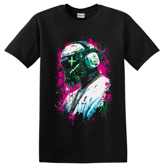 Cyberpunk helmeted portrait with neon graffiti splatters and mechanical details on a Black T Shirt