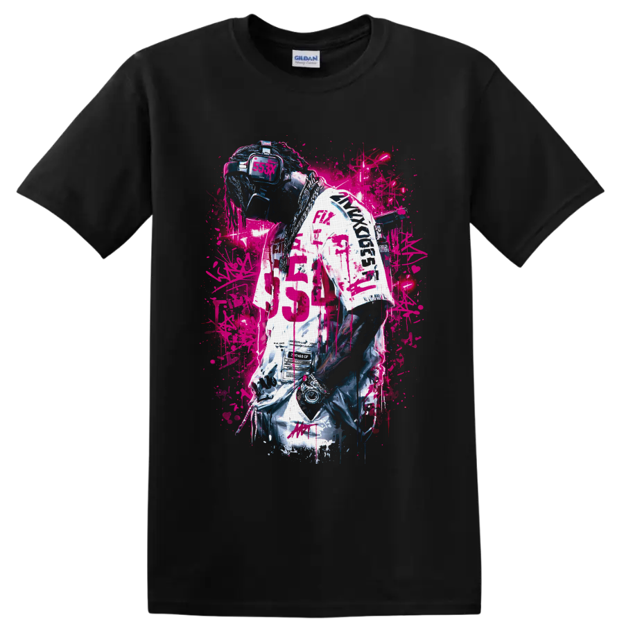 Cyberpunk DJ portrait with visor headset, chains, jersey, and neon pink graffiti on a Black T Shirt