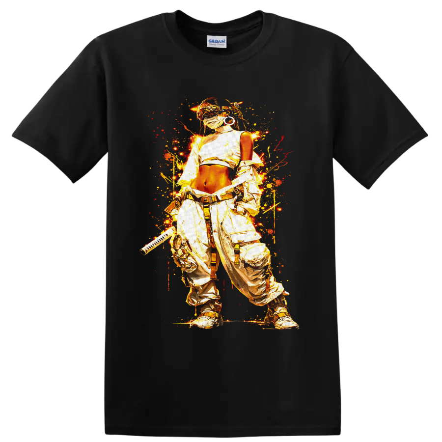 Cyberpunk masked ninja warrior with katana in fiery gold graffiti splatter art on a Black T Shirt