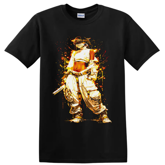 Cyberpunk masked ninja warrior with katana in fiery gold graffiti splatter art on a Black T Shirt