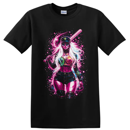 Neon pop art woman in cap and sunglasses holding a baseball bat amid cosmic splatters on a Black T Shirt