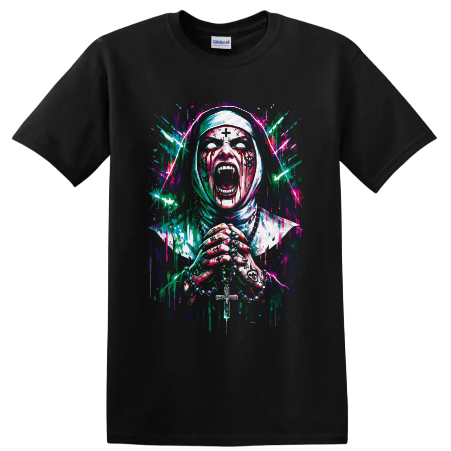 Neon splatter art of a screaming zombie nun holding rosary beads and a cross on a Black T Shirt