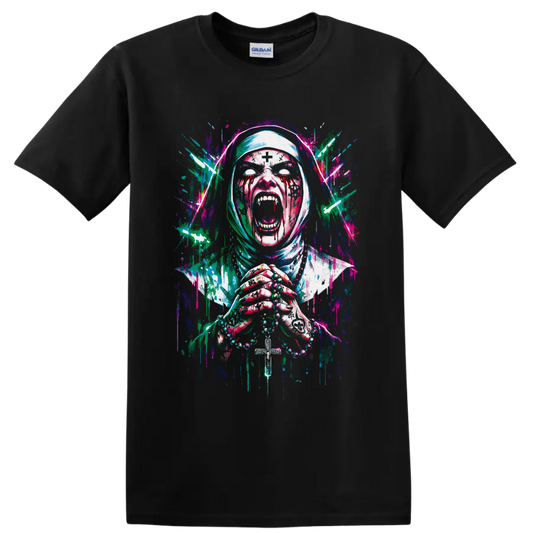 Neon splatter art of a screaming zombie nun holding rosary beads and a cross on a Black T Shirt