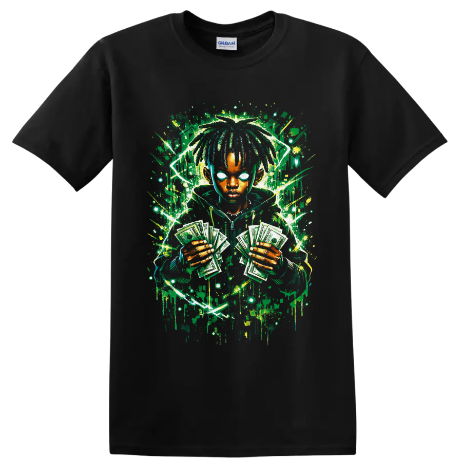 Neon graffiti portrait of a dreadlocked figure holding fanned dollar bills on a Black T Shirt