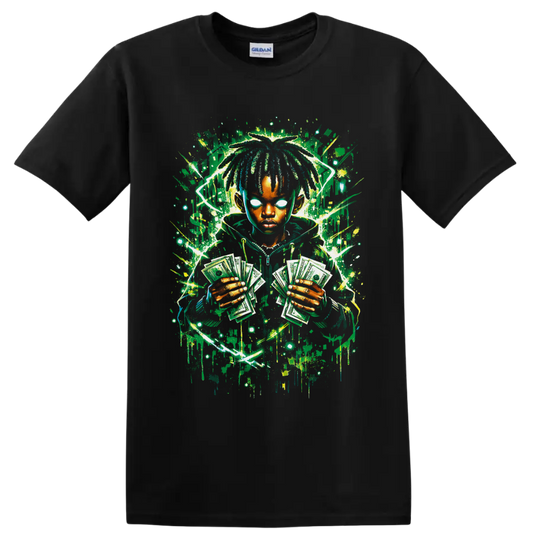 Neon graffiti portrait of a dreadlocked figure holding fanned dollar bills on a Black T Shirt