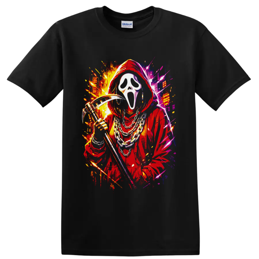 Ghostface in red hood with chains and reaper blade in neon splatter street art on a Black T Shirt