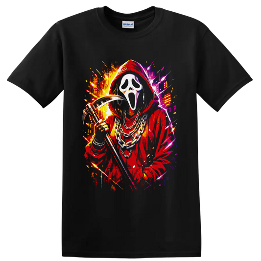 Ghostface in red hood with chains and reaper blade in neon splatter street art on a Black T Shirt