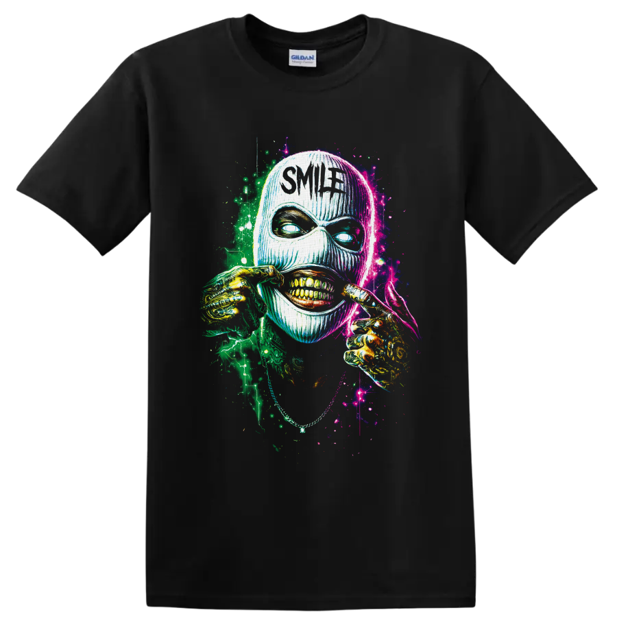 Neon masked skull grin with skeletal hands and Smile text in splatter art on a Black T Shirt