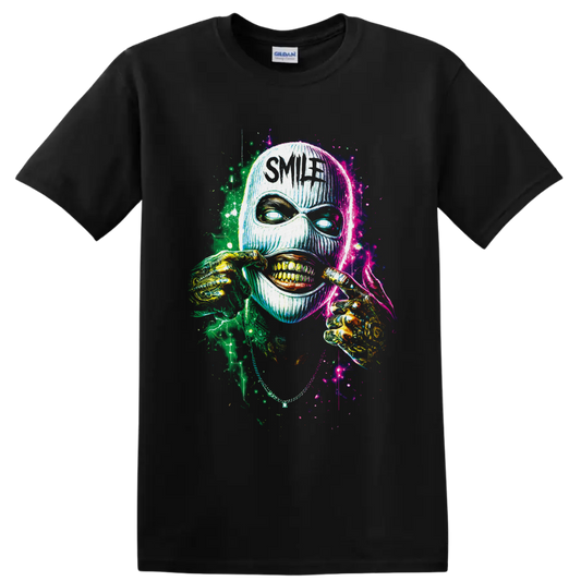 Neon masked skull grin with skeletal hands and Smile text in splatter art on a Black T Shirt